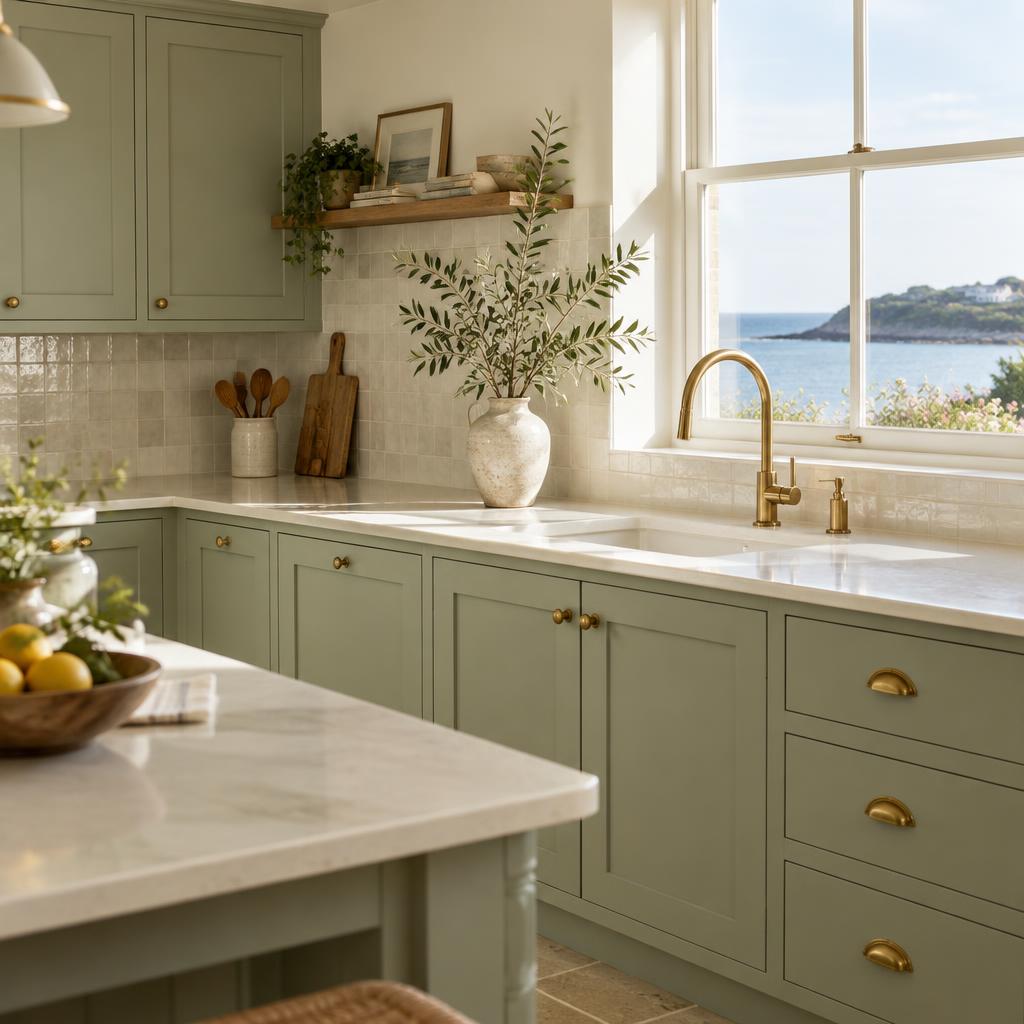 Illustrative bright kitchen with sage cabinets and brass fittings