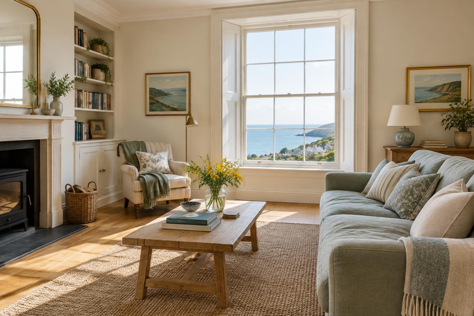 Sunlit coastal living room with a sage sofa and fresh flowers